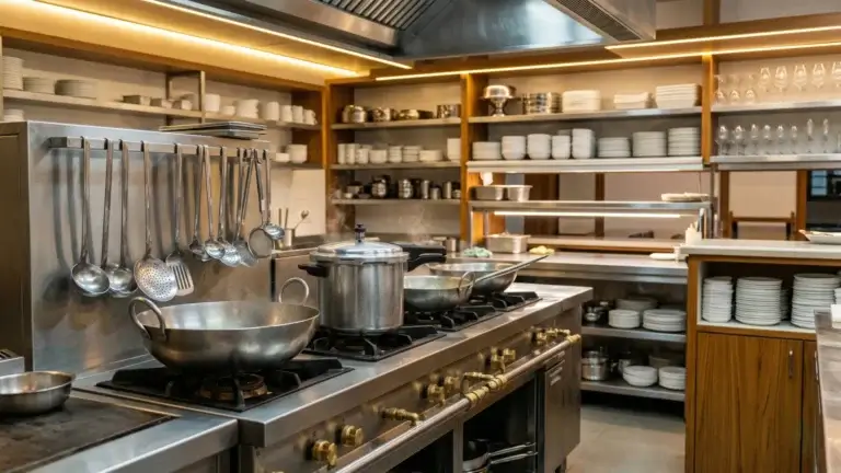 A commercial kitchen with stainless steel stoves, pots, utensils, and shelves stocked with plates, bowls, and glasses—an ideal setup that meets any restaurant kitchen equipment list requirements.
