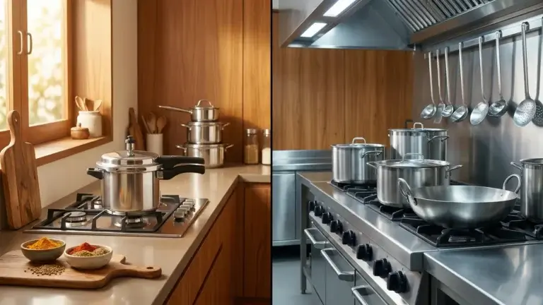 Split image comparing hotel vs home cookware: a cozy kitchen with a pressure cooker on the stove, and a bustling commercial kitchen featuring multiple pots on an industrial stove and utensils hanging neatly on the wall.