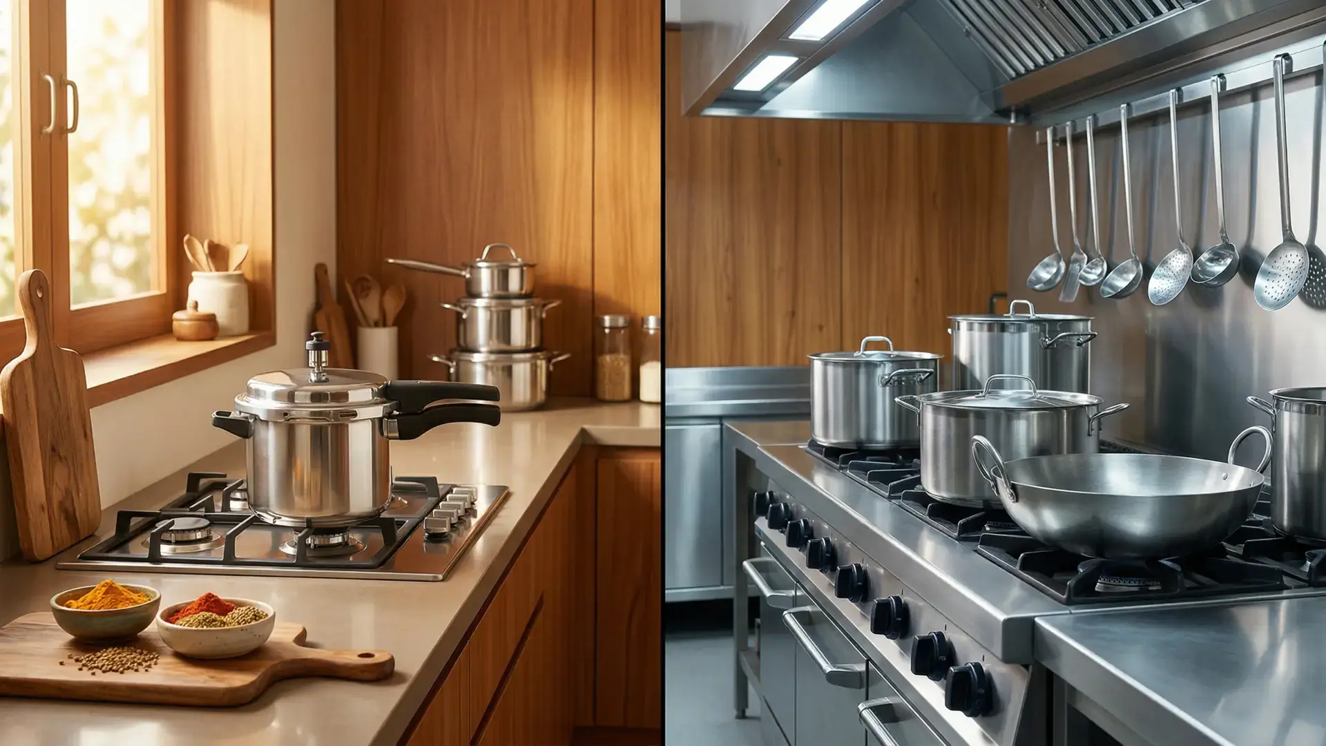 Split image comparing hotel vs home cookware: a cozy kitchen with a pressure cooker on the stove, and a bustling commercial kitchen featuring multiple pots on an industrial stove and utensils hanging neatly on the wall.
