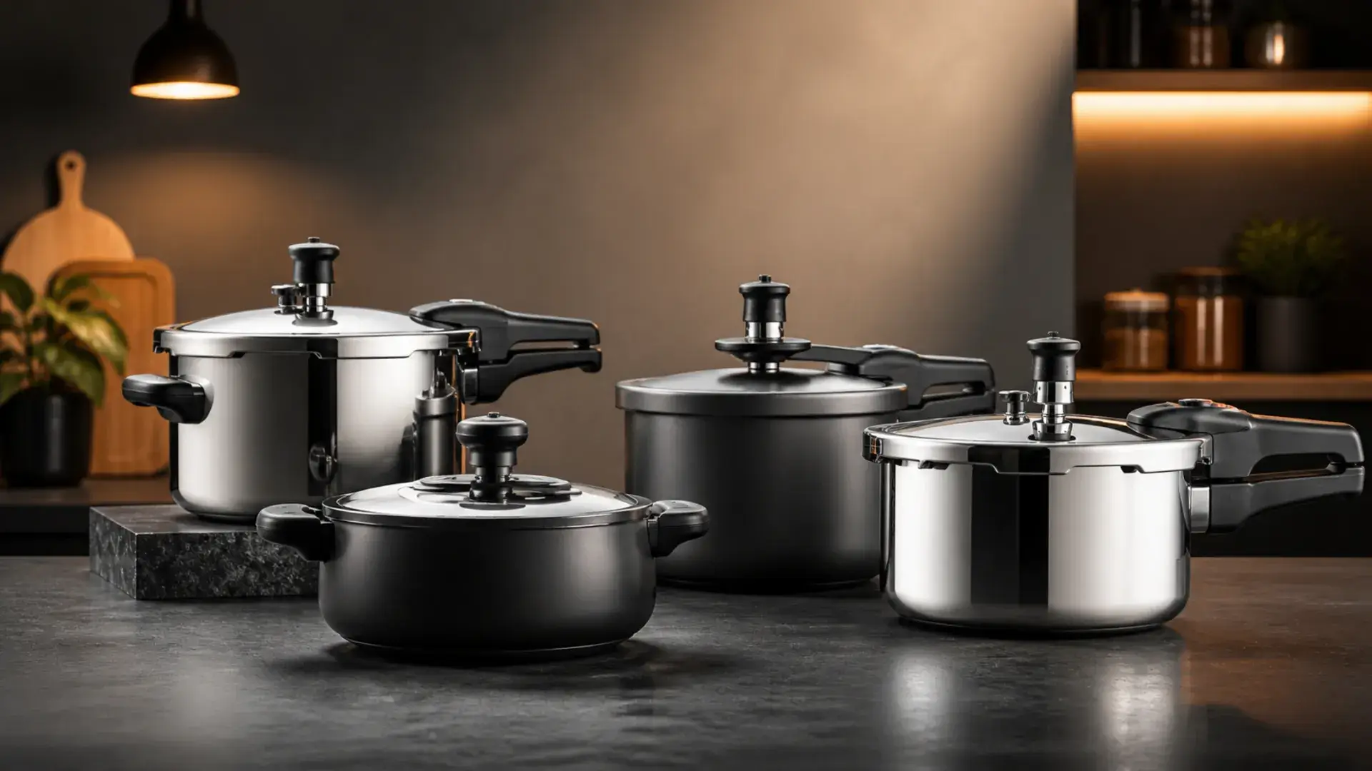 Three stainless steel pots and pans from a pressure cooker brand sit neatly on a kitchen counter.