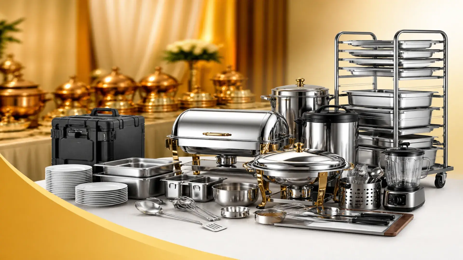 A display showcasing essential catering equipment requirements, featuring chafing dishes, serving trays, plates, utensils, pots, pans, a blender, and a rack with trays—all arranged neatly on a table.