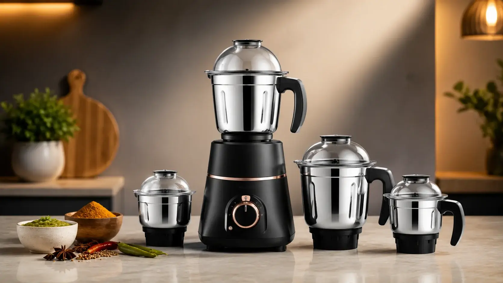A blender surrounded by four types of spices, showcasing its versatility for grinding and mixing ingredients.