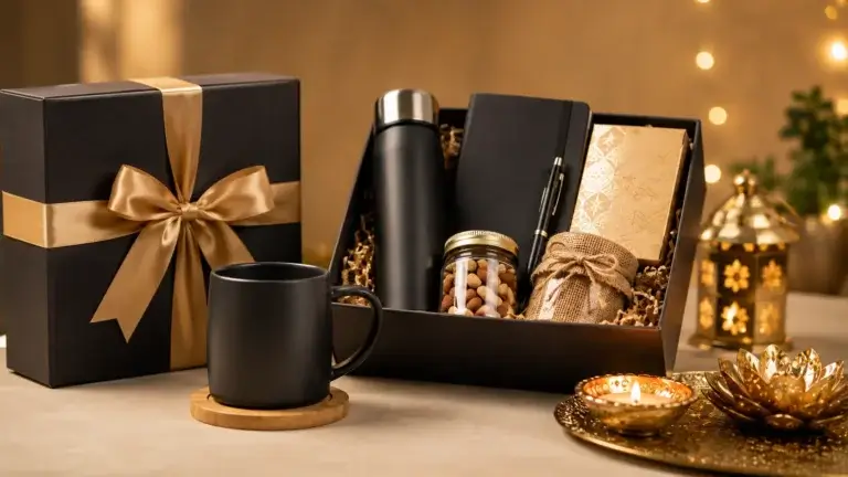 A black gift box with a gold ribbon next to a coffee mug, showcasing corporate gifting ideas for employees.