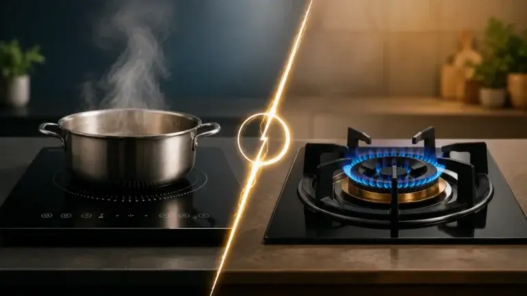 Side-by-side view of a pot on an induction cooktop vs gas stove, illustrating different cooking technologies.