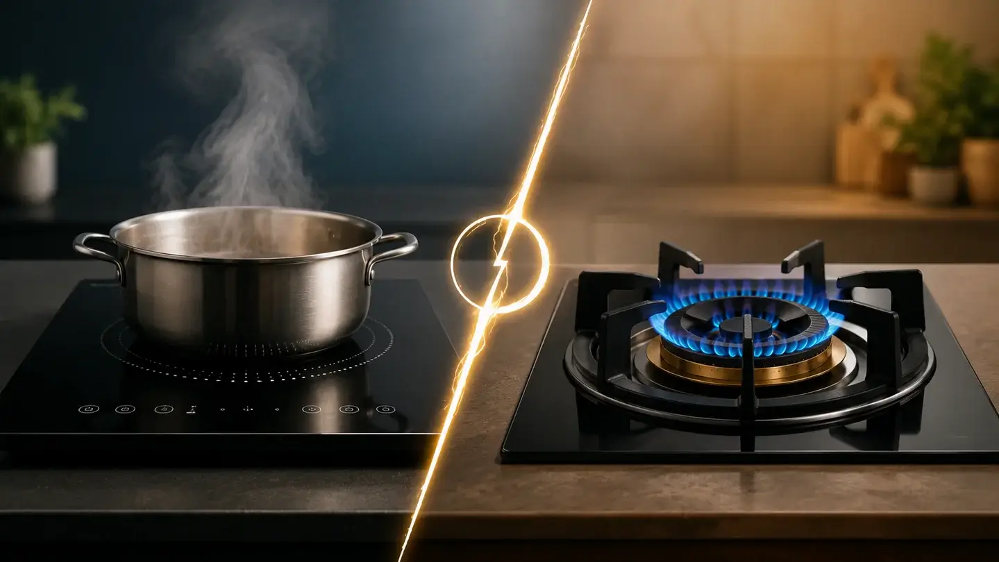 Side-by-side view of a pot on an induction cooktop vs gas stove, illustrating different cooking technologies.