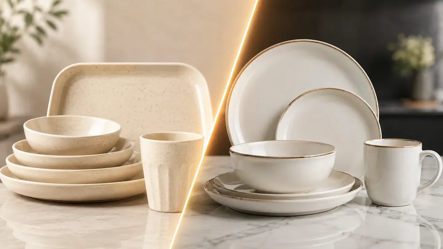 A white table featuring a mix of white melamine vs ceramic crockery, highlighting differences in texture and design.
