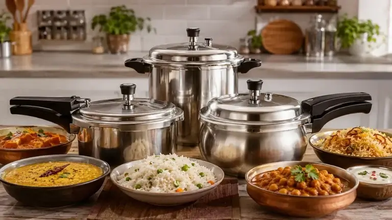Three stainless-steel pressure cookers sit behind bowls of curry, rice, chickpeas, and creamy dishes in a warm, inviting kitchen.