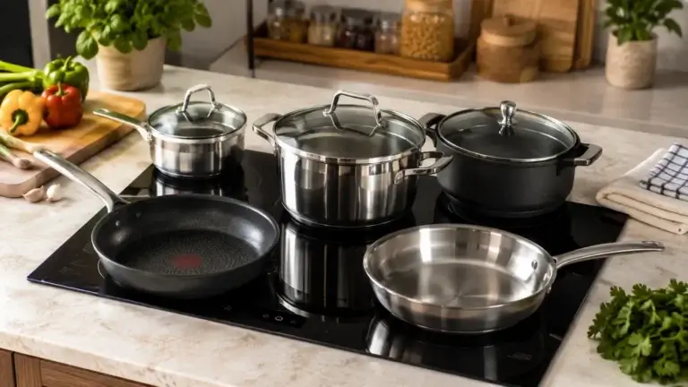 Modern kitchen stovetop with stainless-steel pots, black Dutch oven, frying pans, fresh vegetables, herbs, and warm organized decor.