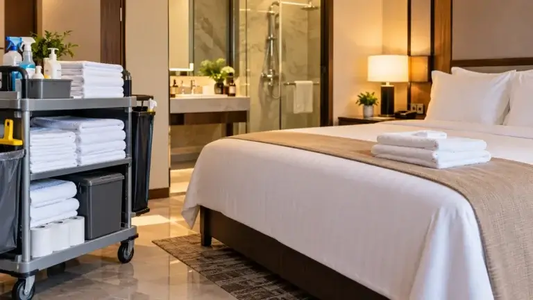 A hotel housekeeping cart, organized with a checklist of fresh towels and cleaning supplies, sits next to a made hotel bed.
